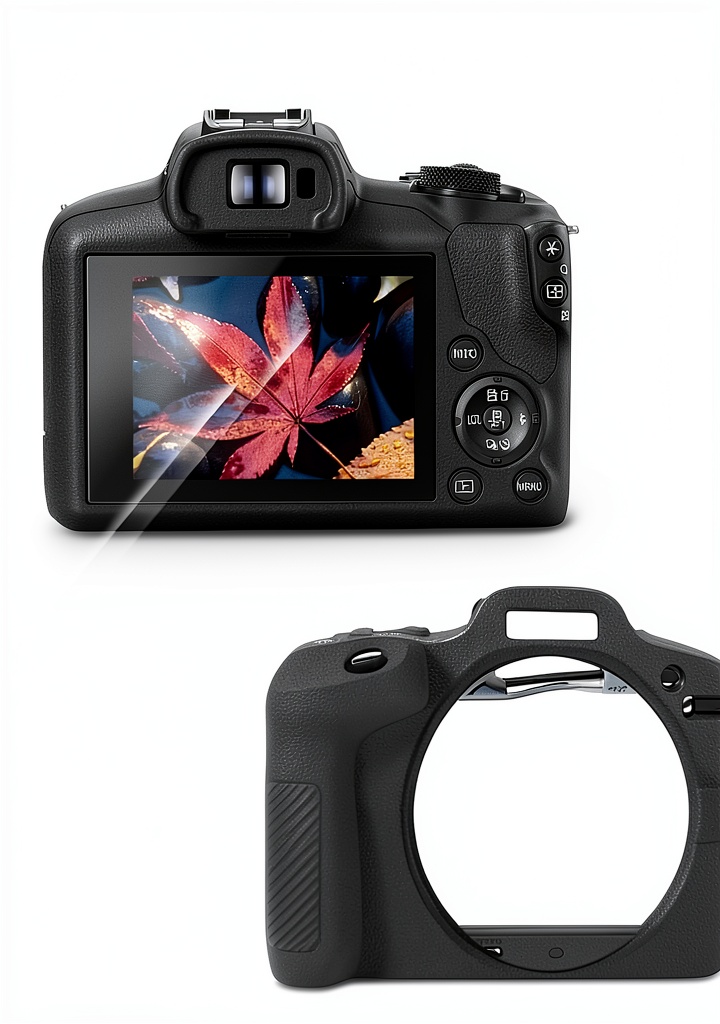 Installing Canon EOS R100 Protector HUADU 9H Tempered Glass on a wooden desk